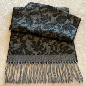 Made in Germany soft acrylic fine gauge knit scarf w/botanical design,black/gray